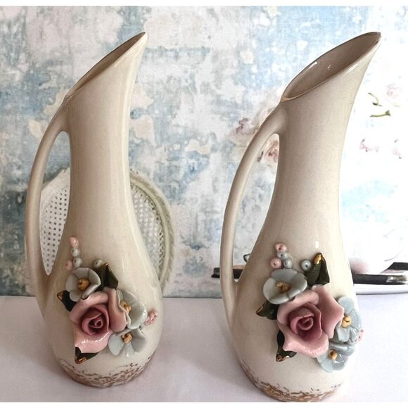 Vintage Ceramic Pitchers Capodimonte Style Floral Relief Gold Accents Set Of 2 - Picture 1 of 7